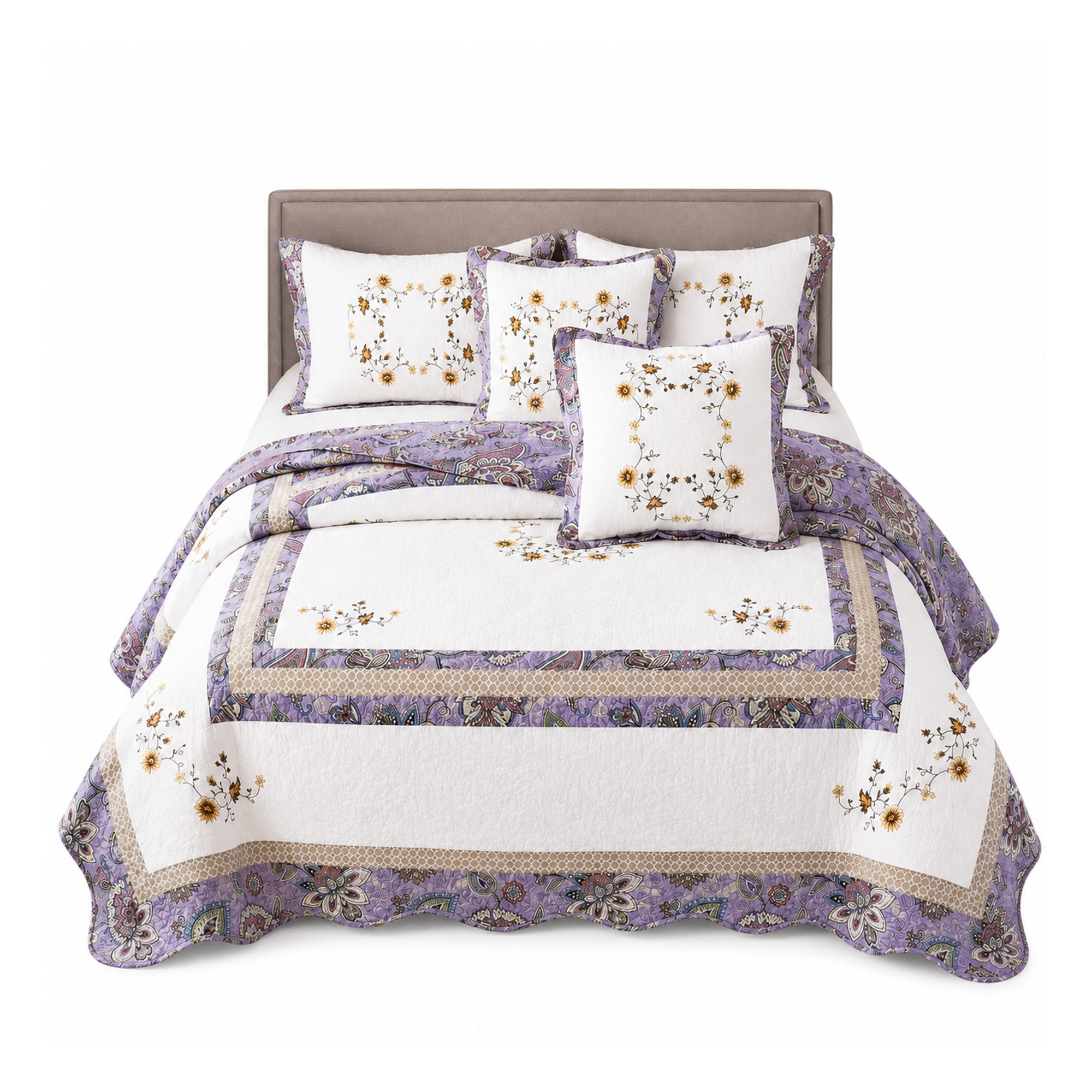 Cubrelecho Doblefaz Bordado Queen Vikasa Y004-220 -Blanco/Lila