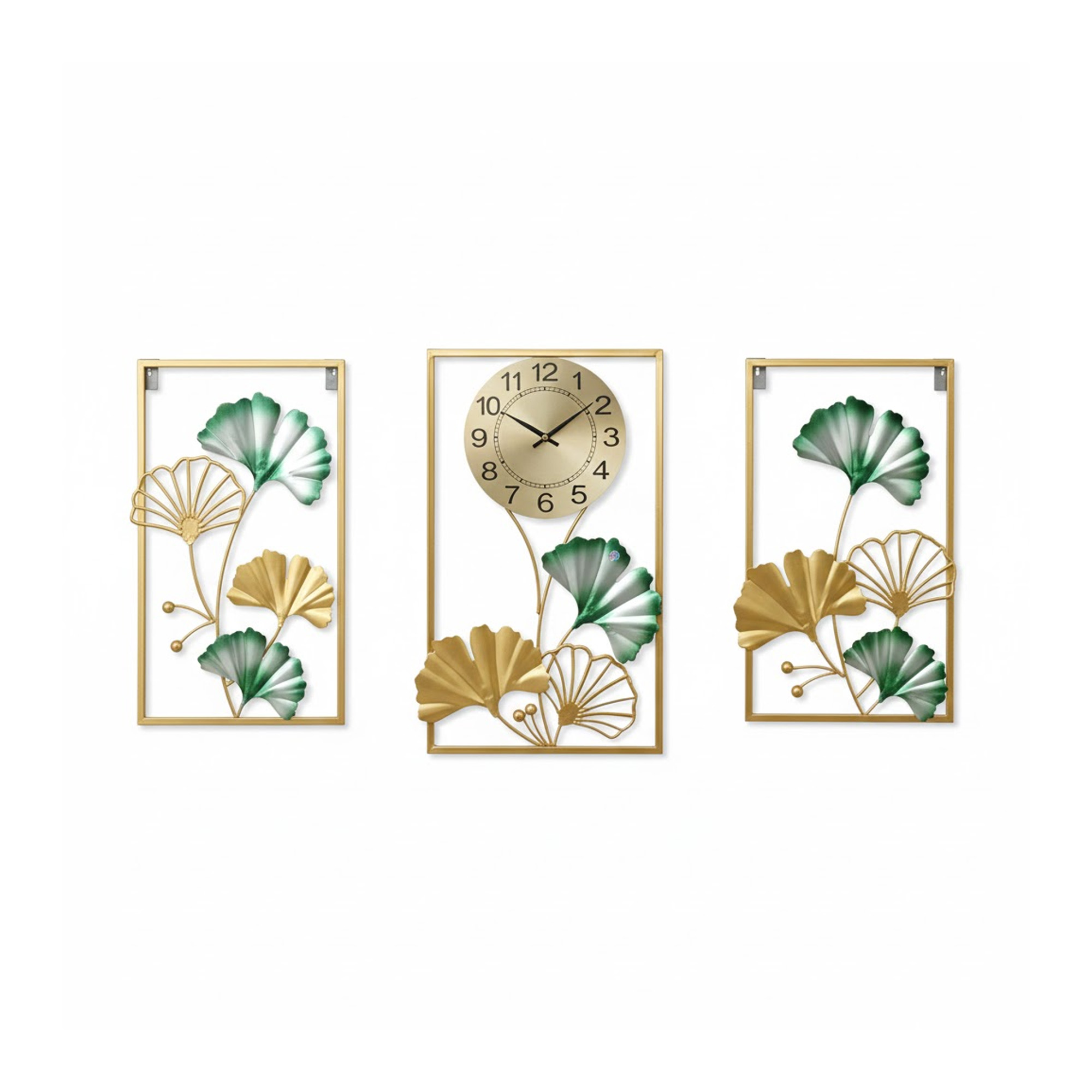 Set X3 Cuadros Con Reloj Latón 2111- Muran - Dorado Y Verde